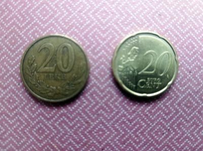 20 Lek coinf and 20 centime Euro piece.